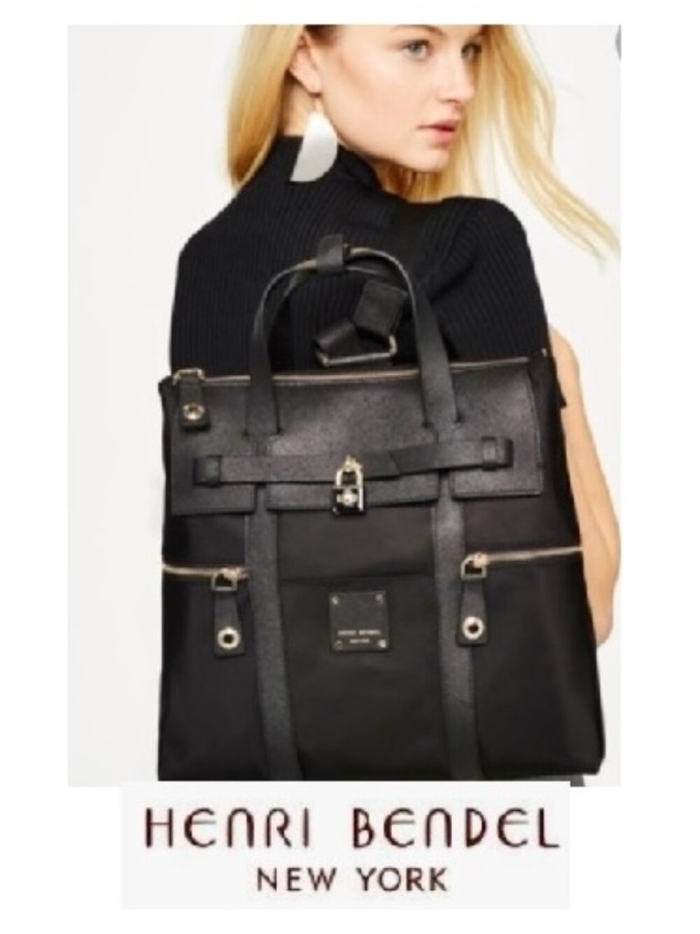 New $500 Henri Bendel Jetsetter Black Nylon  & Leather Convertible Backpack Bag